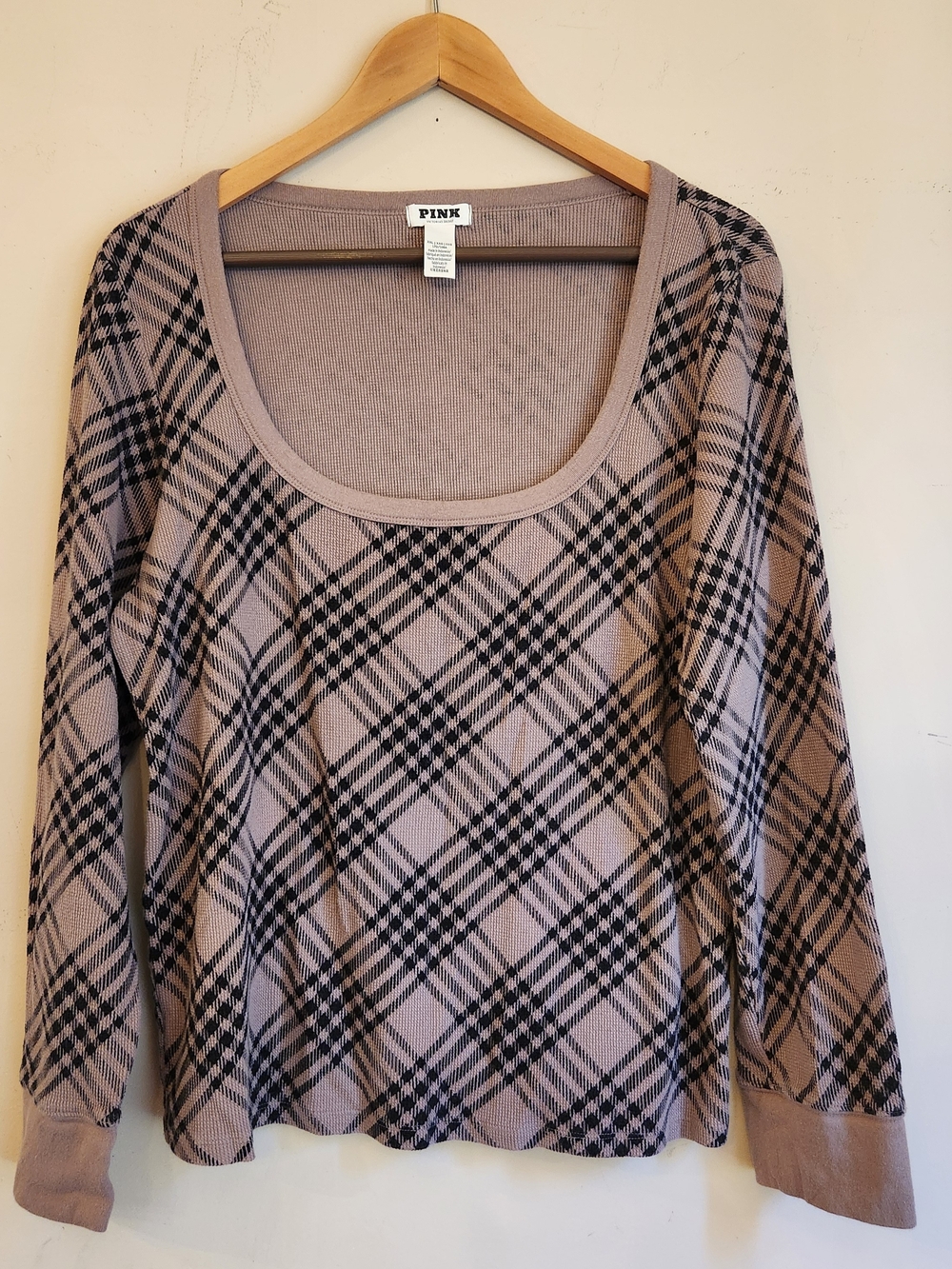 PINK Victoria's Secret Taupe and Black Plaid Scoop Neck Long Sleeve Top